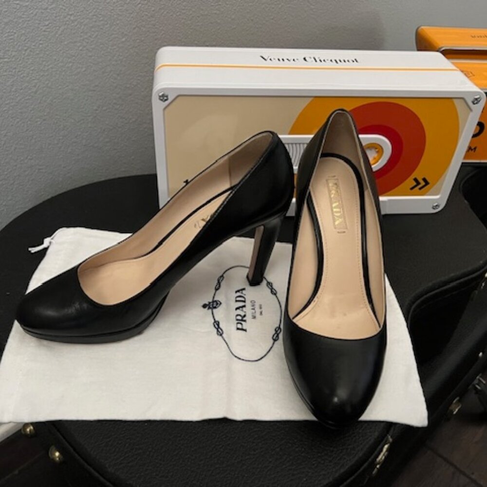 PRADA Almond Toe Platform Pumps – Black Leather | 4” Heel | Dust Bags + Box